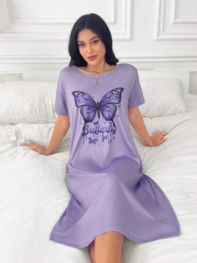 Butterfly Slogan Graphic Pajama Nightdress Long Dress, Moo Sleep Dress view 5
