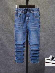 SHEIN Tween Boy Cat Whisker Washed Jeans - Medium Wash - View 1