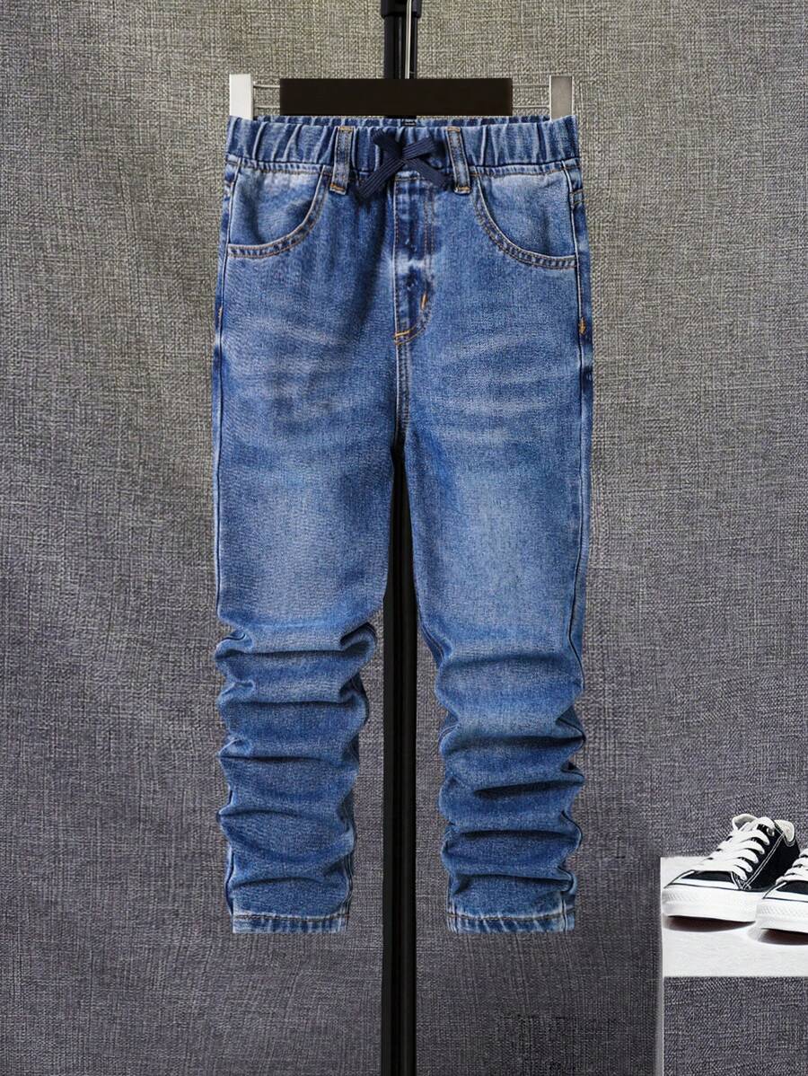 SHEIN Tween Boy Cat Whisker Washed Jeans - Medium Wash - View 1