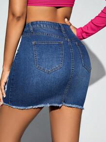SHEIN SXY Ripped Raw Hem Denim Skirt