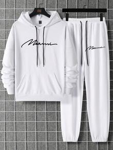 Manfinity Homme 男士字母圖案袋鼠口袋抽繩連帽衫和運動褲 - 白色 - 查看 2