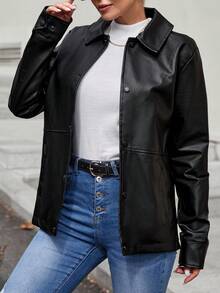 EURMUSE Slant Pocket PU Leather Coat - Black - View 3