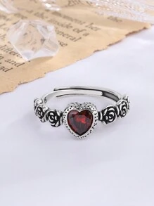 ROMWE Goth 1 件时尚铜花和心形装饰戒指，适合女士日常装饰情人节、妈妈、母亲、母亲节、礼物 - 復古銀色 - 查看 1