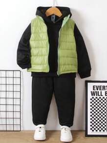 男小童拉鏈開襟夾克背心&字母貼布連帽衫&運動衫 - 黑色 - 查看 1