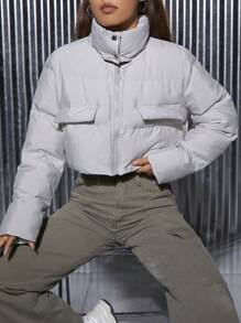 SHEIN PETITE 翻盖口袋落肩衬垫大衣 - 白色 - 查看 1