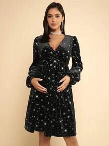SHEIN Maternity Star Print Lantern Sleeve Velvet Dress - Black - View 4