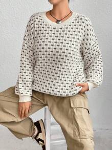 SHEIN MOOSTA Suéter de punto con caída de hombros y estampado todo sobre todo para otoño e invierno - Beis - Ver 4
