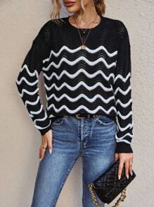 SHEIN LUNE 鋸齒圖案網眼針織落肩袖套頭毛衣 - 黑與白 - 查看 3