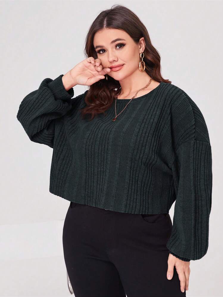 SHEIN Essnce プラス ドロップショルダー リブニット Tシャツ - ダークグリーン - 見る 1