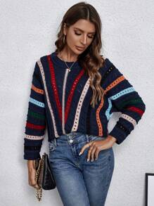 SHEIN LUNE Jersey de punto calado con estampado de rayas para otoño e invierno - azul real - Ver 5