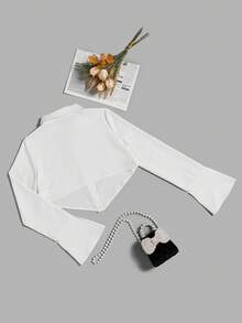 SHEIN EZwear Chất rắn Tay áo loe Mùa vụ Áo sơ mi - trắng - Xem 2