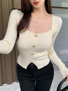 DAZY Scoop Neck Ribbed Knit Asymmetrical Hem Sweater,Long Sleeve Tops,Fall Women Clothes Crop Women Tops