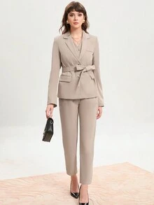 SHEIN BIZwear unicolor Blazer & con bolsillo oblicuo Pantalones - Caqui - Ver 6