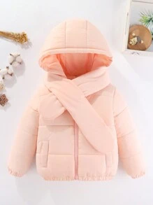 SHEIN 年轻女孩纯色拉链连帽棉服外套（配围巾） - 粉色 - 查看 1
