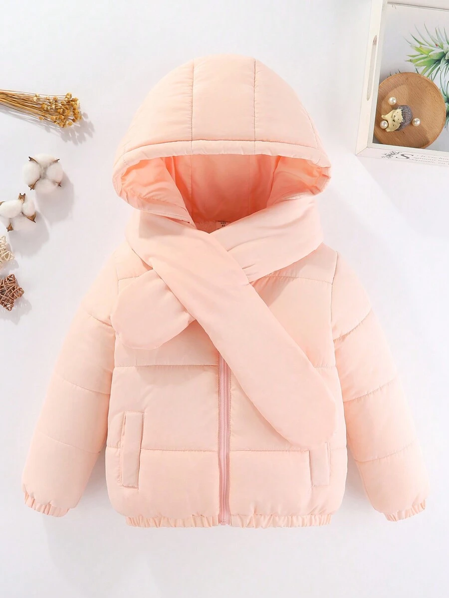 SHEIN 年轻女孩纯色拉链连帽棉服外套(配围巾) - 粉色 - 查看 1
