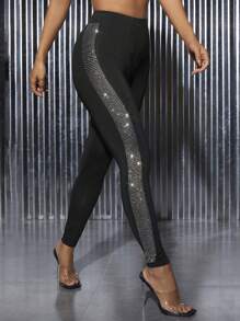 SHEIN PETITE 水鑽側接縫網紗拼接拼塊緊身打底褲 - 黑色 - 查看 1