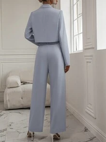 Pariaura Solid Lapel Neck Crop Blazer & Wide Leg Pants
