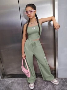 SHEIN Leap Crew 青少年女孩字母貼布背心上衣和側翻蓋口袋腰部抽繩長褲 - 薄荷綠 - 查看 3