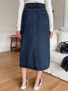 DAZY Split Hem Slant Pocket Denim Skirt Jeans Skirt - Blue - View 7