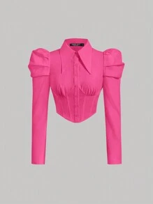 SHEIN MOD Gigot Sleeve Ruched Bustier Crop Shirt - Hot Pink - View 1