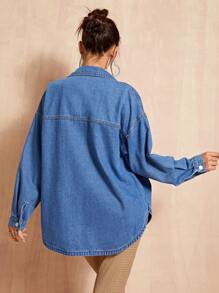 SHEIN BAE 落肩袖口袋貼布牛仔襯衫 - 深色水洗藍 - 查看 2