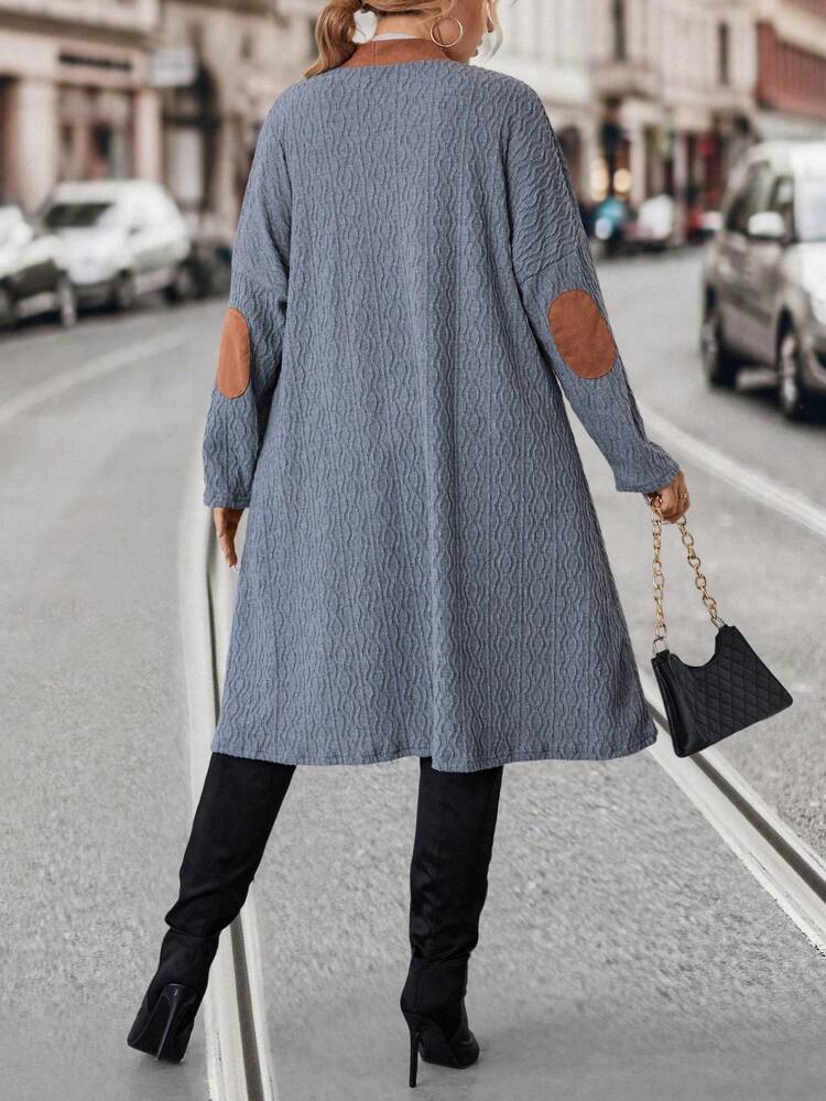 Plus Contrast Trim Open Front Coat Fall Cloth For Women