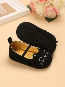 1pair Cartoon Embroidered Soft Sole Flat Shoes For 0-1 Year Old Baby Girls - Black - View 2