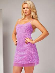 Hauture Sequin Embroidery Overlay Cami Dress - Purple - View 5