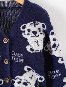 Young Boy Bear & Letter Pattern Cardigan - Navy Blue - View 4