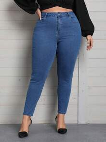 SHEIN Privé 大碼印花緊身牛仔褲 - 中等水洗藍 - 查看 2