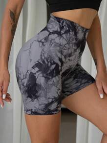 Easithlete 3 件扎染宽带腰运动短裤女士运动短裤、健身短裤、骑行短裤 - 黑色 - 查看 8