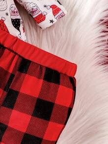 SHEIN Baby Boy Christmas Print Bodysuit & Buffalo Plaid Pants & Hat - Red - View 4