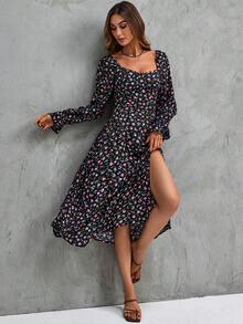 SHEIN Clasi 碎花喇叭袖高衩洋裝 - 彩色 - 查看 5