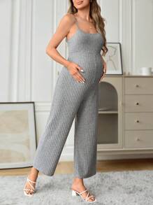 SHEIN 孕婦羅紋針織吊帶背心連身褲 - 灰色 - 查看 3