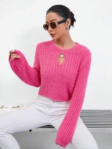 SHEIN Privé Keyhole Neckline Fluffy Knit Crop Sweater - Hot Pink - View 6