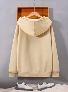 SHEIN 青少年女孩字母圖案袋鼠口袋落肩袖連帽衫 - 杏色 - 查看 2