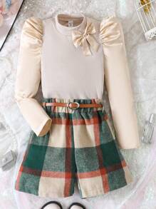 SHEIN 女大童前蝴蝶結泡泡袖T恤和格紋印花紙袋腰短褲 - 彩色 - 查看 1