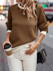 SHEIN LUNE 拼接邊插肩袖運動衫 - 卡其色 - 查看 3