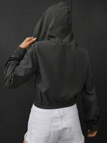 SHEIN EZwear 字母補丁細節拉鏈開襟短款連帽夾克 - 灰色 - 查看 3