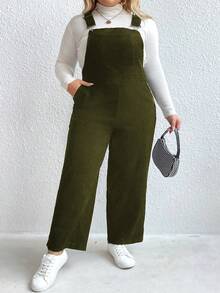 SHEIN LUNE Plus Solid Slant Pocket Overall Jumpsuit Without Tee - Army Green - View 5