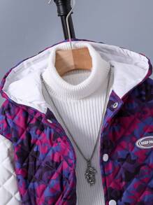 Tween Boy 1pc Camo Print Letter Patched Striped Trim Hooded Quilted Coat