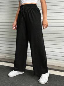 SHEIN EZwear Plus Drawstring Waist Wide Leg Sweatpants - Black - View 3
