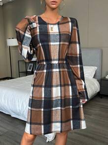 SHEIN LUNE Plaid Print Keyhole Back Dress - Multicolor - View 4