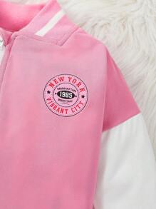 Baby Girl Letter Graphic Bear Doll Decor Bomber Jacket & Pleated Skirt - Pink - View 5