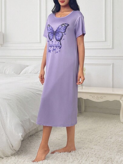 Butterfly Slogan Graphic Pajama Nightdress Long Dress, Moo Sleep Dress view 4