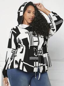 SHEIN CURVE+ Plus Geo Print Drawstring Waist Hooded Coat - Black and White - View 1