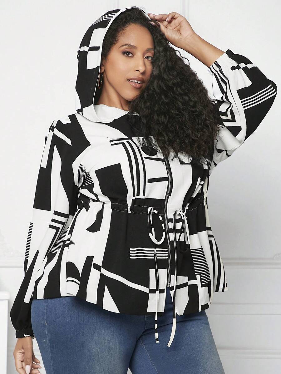 SHEIN CURVE+ Plus Geo Print Drawstring Waist Hooded Coat - Black and White - View 1