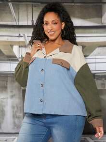 SHEIN CURVE+ 大碼撞色落肩袖燈芯絨襯衫 - 彩色 - 查看 3