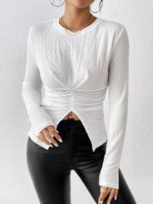 SHEIN Privé 素色前收褶下擺開叉T恤 - 白色 - 查看 3