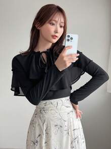 FRIFUL Solid Tie Neck Ruffle Trim Tee - Black - View 5